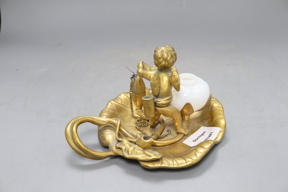 A Victorian ormolu cherub inkstand, length 20cm